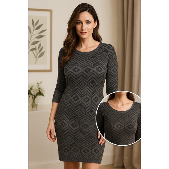 My Michelle black gray geometric sweater dress l cozy winter knit bodycon casual - Picture 1 of 10